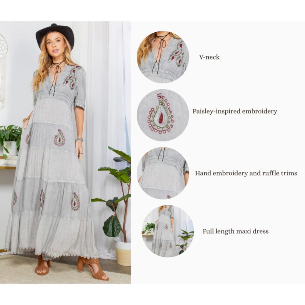Young Threads Embroidered Maxi Dress Lace V-Neck Pockets L - Boho Cottagecore - Picture 5 of 9